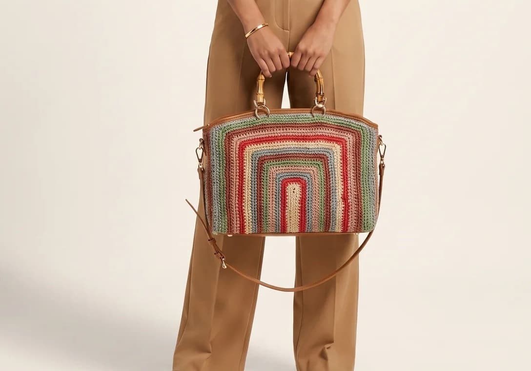 Camel pantolonlu manken, gökkuşağı kemer desenli tığ işi Arco çantayı tutuyor